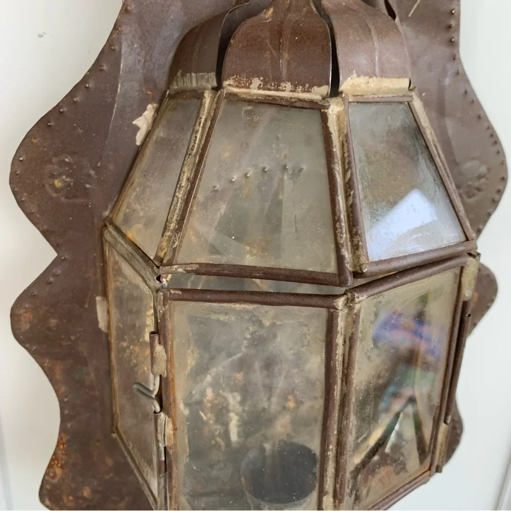 Vintage Tin Glass Rustic Wall Lantern Farmhouse